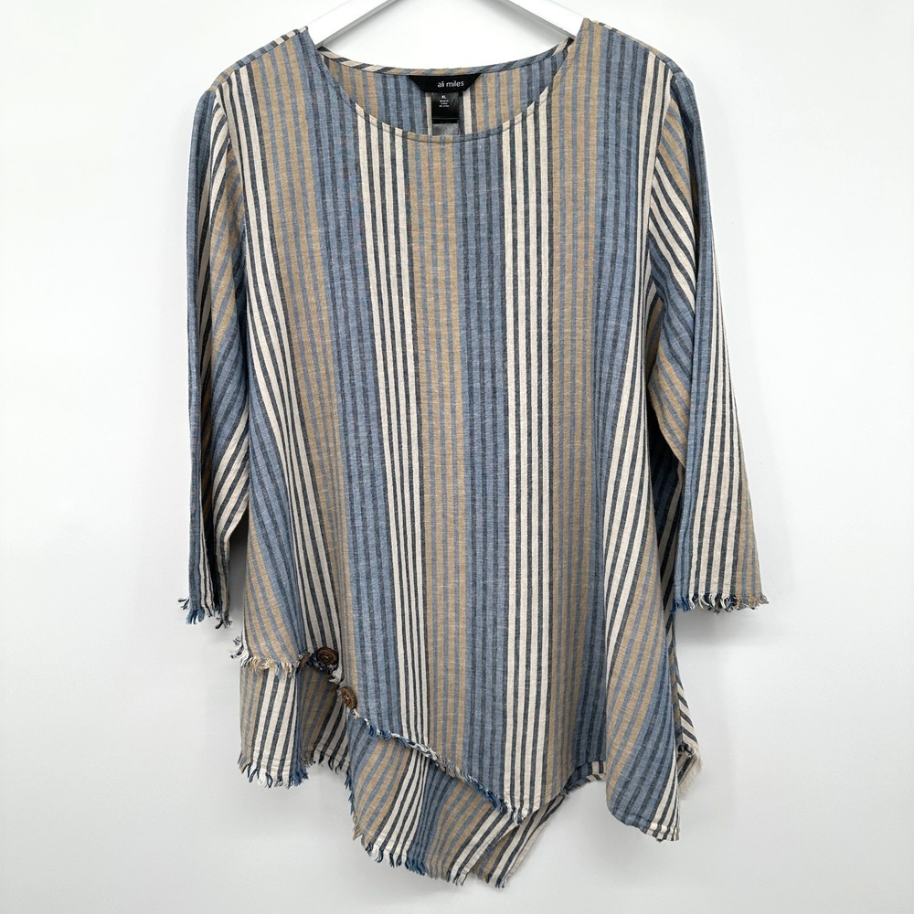 Ali Miles Tunic Top Shirt Size XL Linen Blend Asymmetric Raw Edge Neutral Earthy